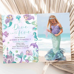 Mermaid Dive Into Five 5th Birthday Party Photo Invitation