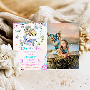 Mermaid Dive Into Five 5th Birthday Party Photo Invitation