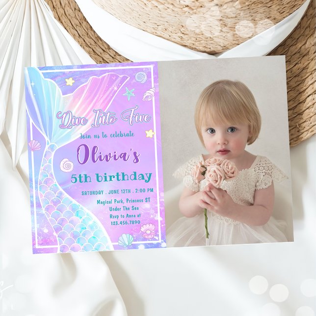 Mermaid Dive Into Five 5th Birthday Photo Invitation (Creator Uploaded)