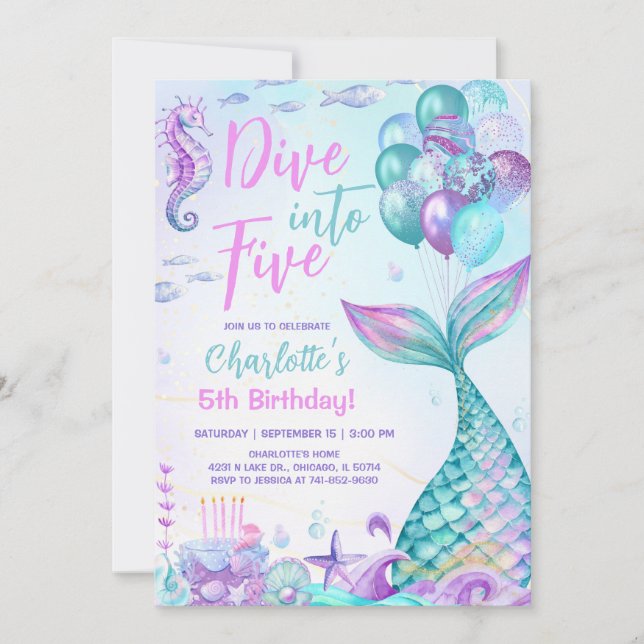 Mermaid Dive Into Five Birthday Invitation (Front)