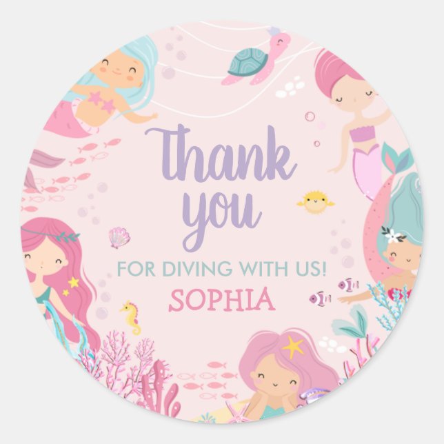 Mermaid Dive into Five Birthday Party Classic Round Sticker (Front)