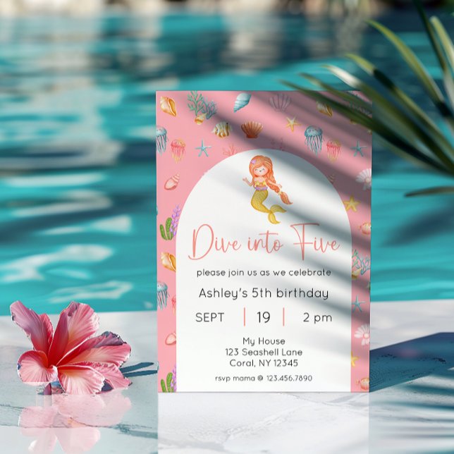 Mermaid Dive Into Five Birthday Photo Invitation (Creator Uploaded)