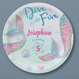 Mermaid dive into five birthday watercolor round paper plate