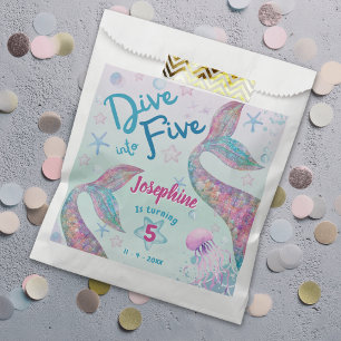 Mermaid dive into five fifth birthday watercolor favour bags