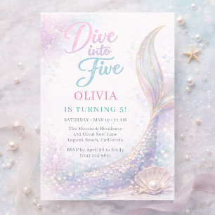 Mermaid Dive into Five Girl 5th Birthday Party Invitation