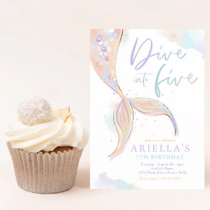 Mermaid Dive Into Five Pink Gold 5th Birthday Invitation