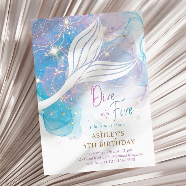 Mermaid Dive Into Five Watercolor 5th Birthday  Invitation (Creator Uploaded)
