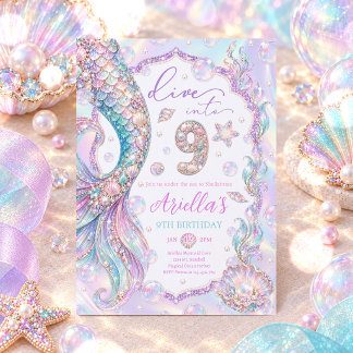Mermaid Dive Into Nine Whimsical 9th Birthday Invitation