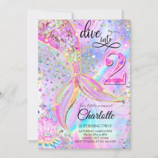 Mermaid Dive Into Two 2th Birthday Party Invitation