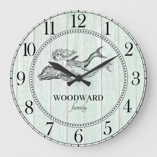 Mermaid Dolphin Aqua Blue Beach Lake House Large Clock (Front)