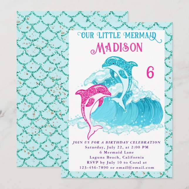 Mermaid Dolphin Blue Sea Ocean Aqua Birthday Party Invitation (Front/Back)