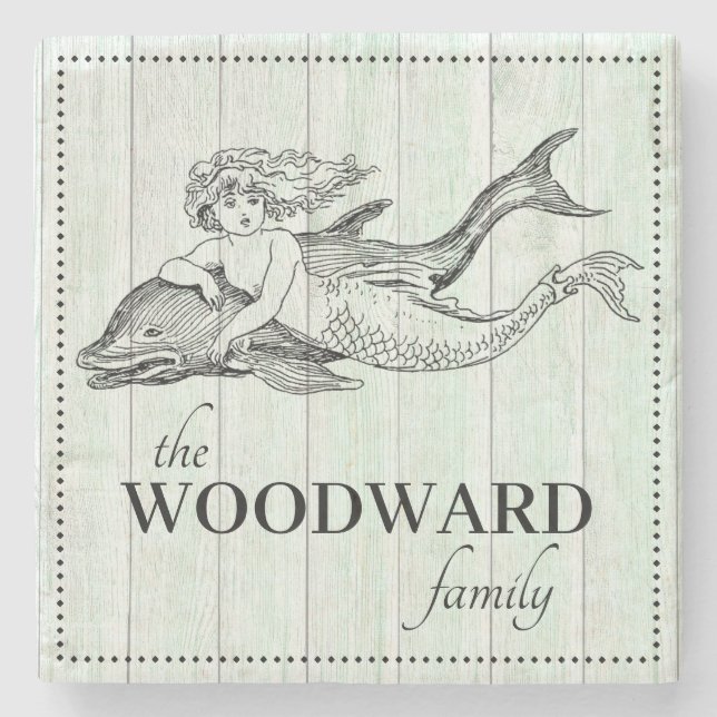 Mermaid Dolphin Family Name Lake Beach House Stone Coaster (Front)