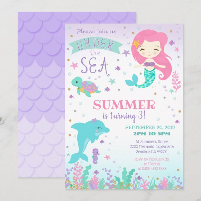 Mermaid Dolphin Invitation - Under the Sea (Front/Back)