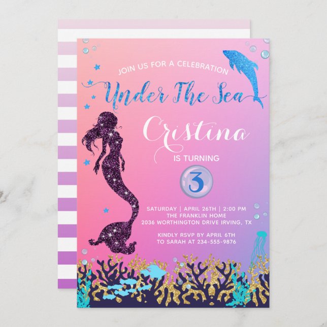 Mermaid & Dolphin Under the Sea Birthday Party Invitation (Front/Back)