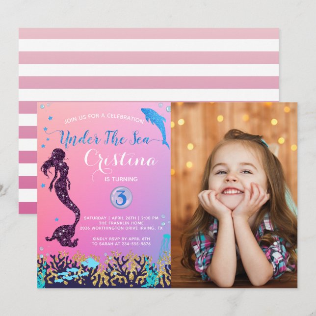 Mermaid & Dolphin Under the Sea Birthday Photo Invitation (Front/Back)