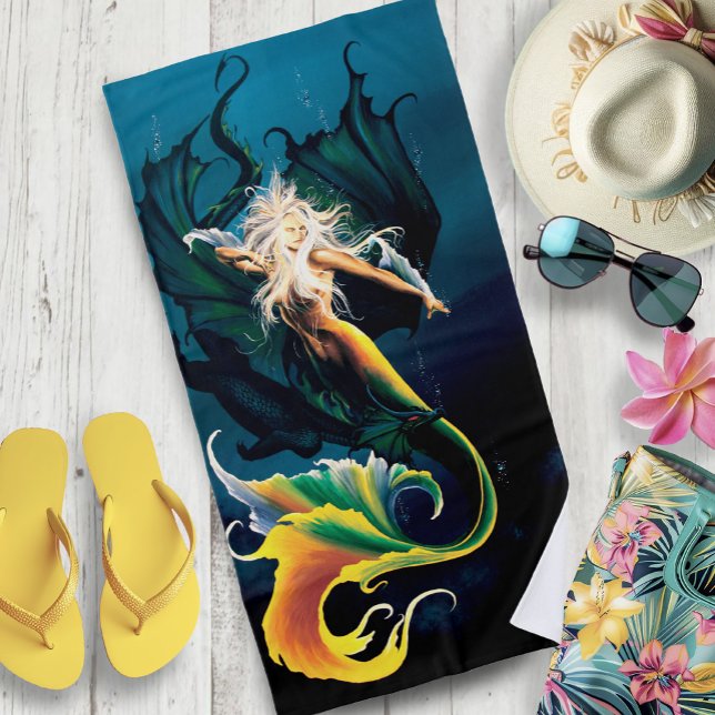Mermaid Dragon Fantasy Blue Beach Towel (Creator Uploaded)