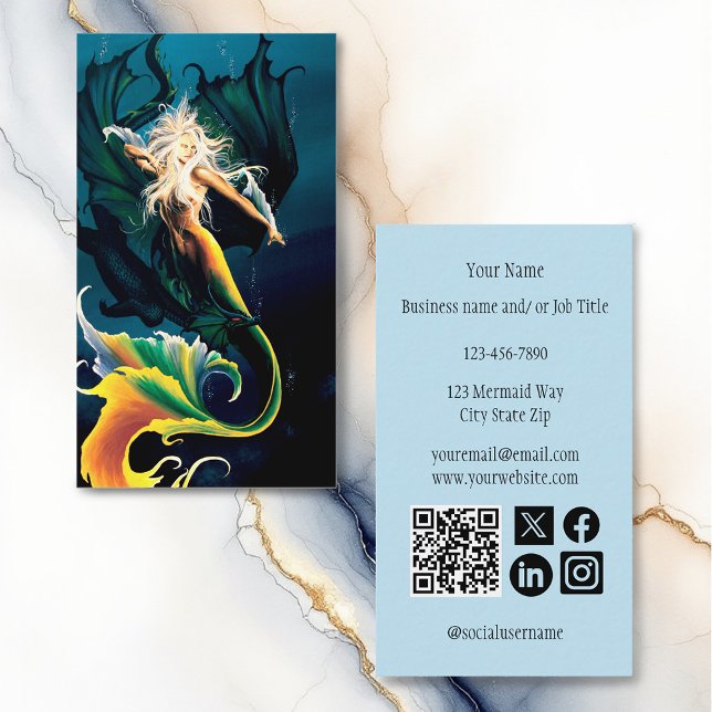 Mermaid Dragon Fantasy Blue Business Card (Creator Uploaded)