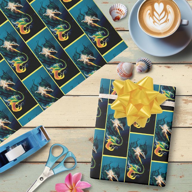 Mermaid Dragon Fantasy Blue Wrapping Paper (Creator Uploaded)