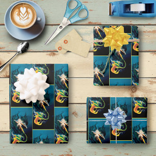 Mermaid Dragon Fantasy Blue Wrapping Paper Sheet