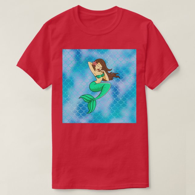 Mermaid Drawing on Blue Scales T-Shirt (Design Front)