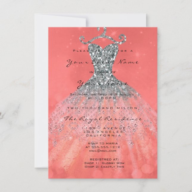 Mermaid Dress Glitter Bridal 16th Coral Silver Invitation (Front)