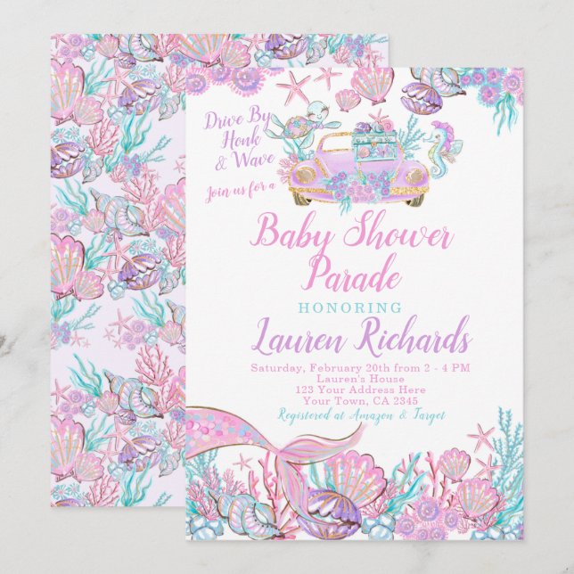 Mermaid Drive By Baby Shower Parade Invitation (Front/Back)