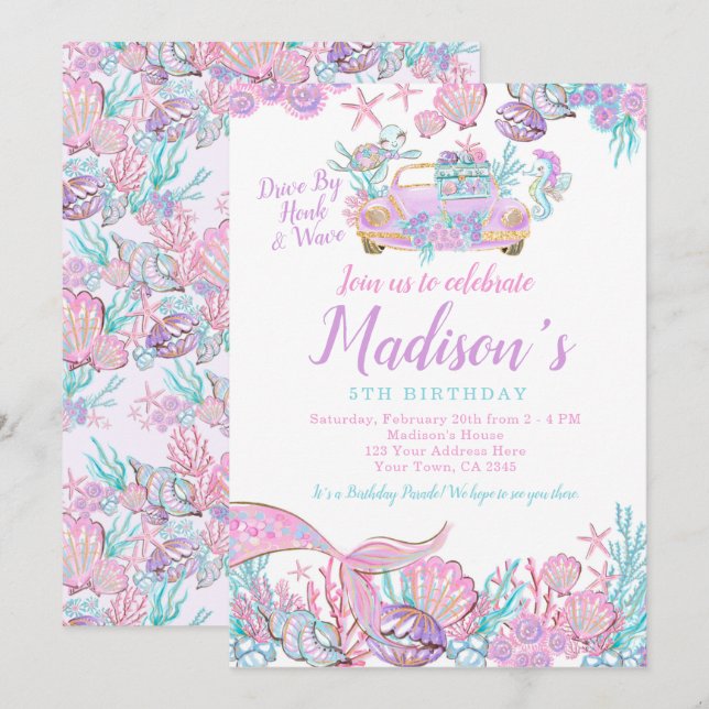 Mermaid Drive By Birthday Invitation (Front/Back)