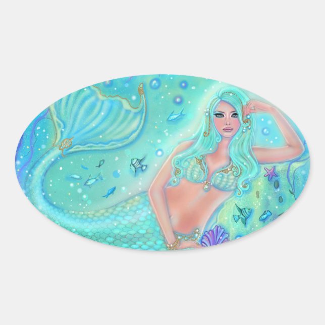 Mermaid Eira with tropical fish by Renee Lavoie  Oval Sticker (Front)
