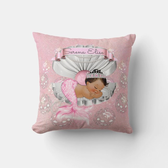 Mermaid Ethnic Baby Girl Pink Shell Pearls Cushion (Front)