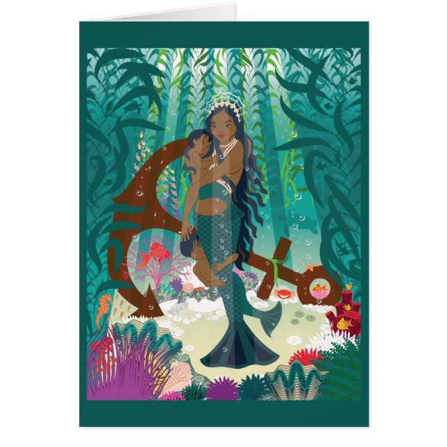 Mermaid Family (brown skin and eyes) Card (Front)