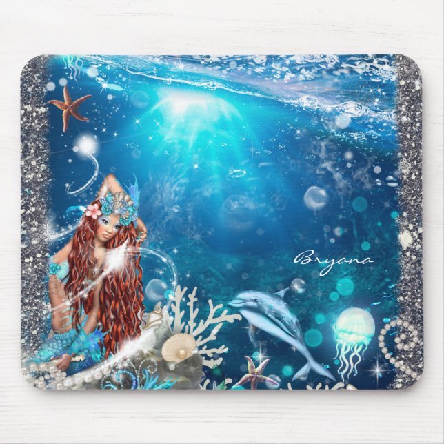 Mermaid Fantasy Red Head Enchanted Beach Mouse Mat (Front)