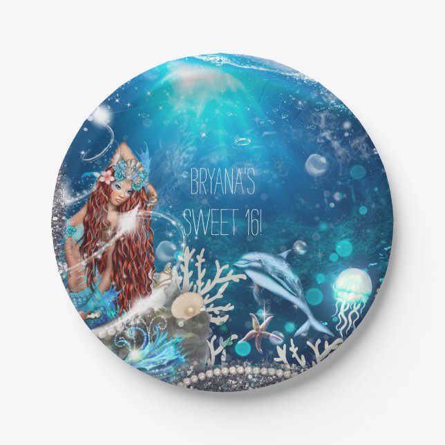 Mermaid Fantasy Red Head Enchanted Beach Party Paper Plate (Front)