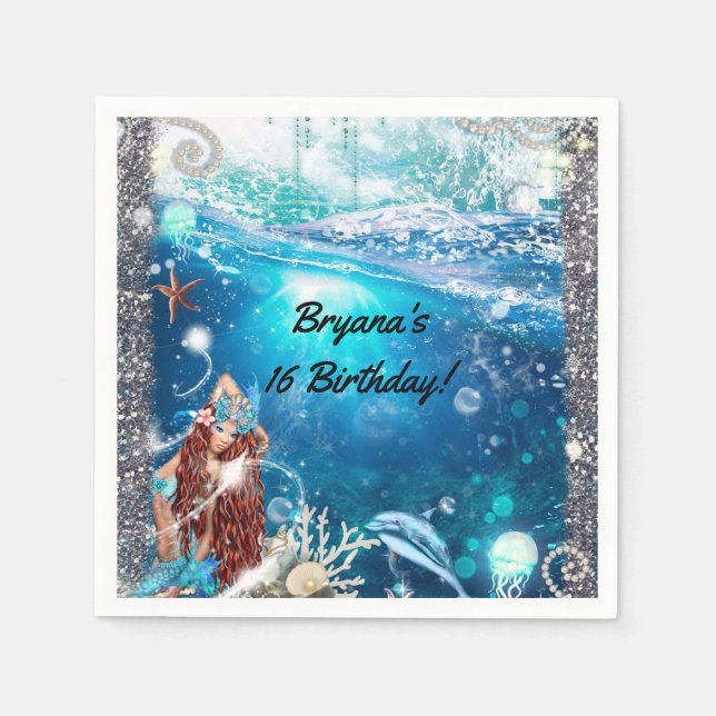 Mermaid Fantasy Red Head Enchanted Birthday Party Napkin (Front)