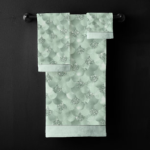 Mermaid Fantasy   Sage Mint Green Scale Pattern Bath Towel Set