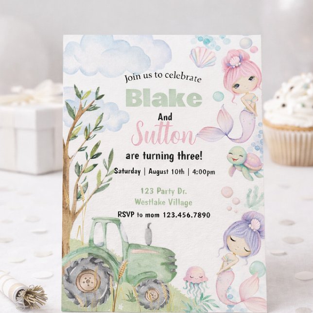 Mermaid Farm Birthday, Sibling Party, Double Birth Invitation (Creator Uploaded)