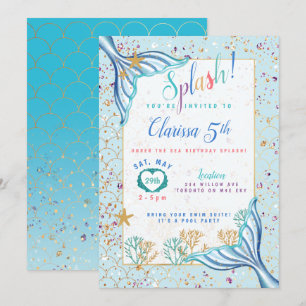 Mermaid Fin Under The Sea Teal Birthday Invitation