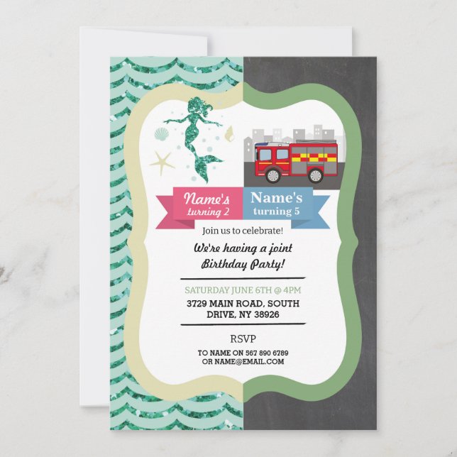 Mermaid & Fire Truck Joint Boy girl Birthday Invitation (Front)