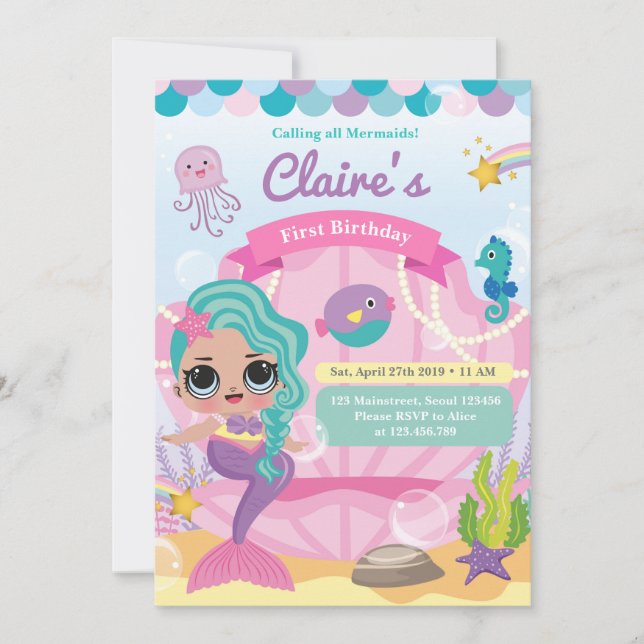 Mermaid First Birthday Announcement (Front)
