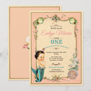 Mermaid first birthday invitaion pink 1st bday invitation