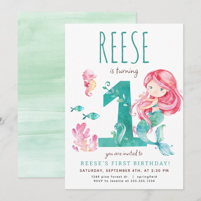 Mermaid First Birthday Invitation (Front/Back)
