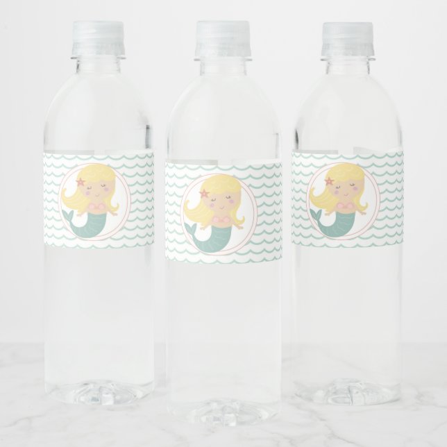 Mermaid first birthday pastel pink Birthday Water Bottle Label (Bottles)