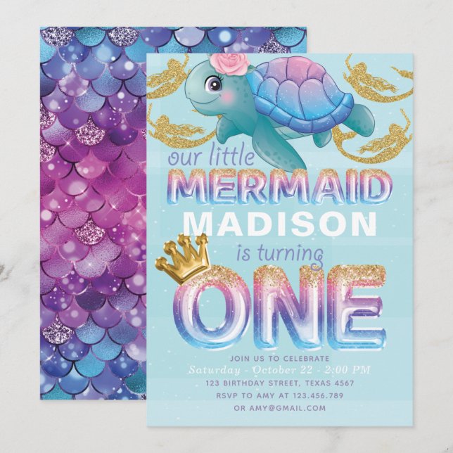 Mermaid First Birthday Pink Blue Gold Glitter Invitation (Front/Back)
