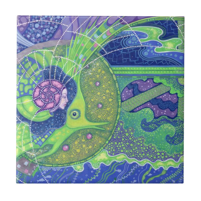 Mermaid & fish, underwater fantasy, nautical art tile (Front)
