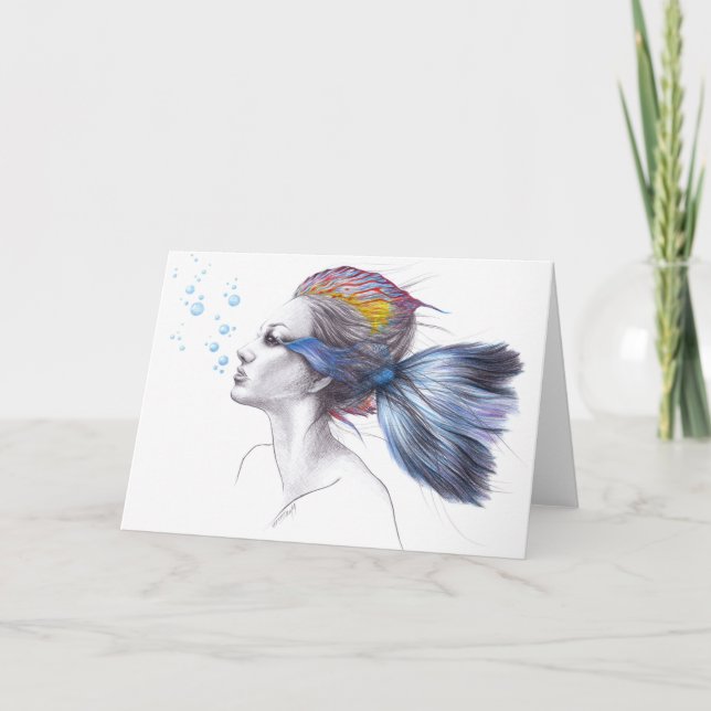 Mermaid Fish Woman Fantasy Surreal Art Drawing Card (Front)