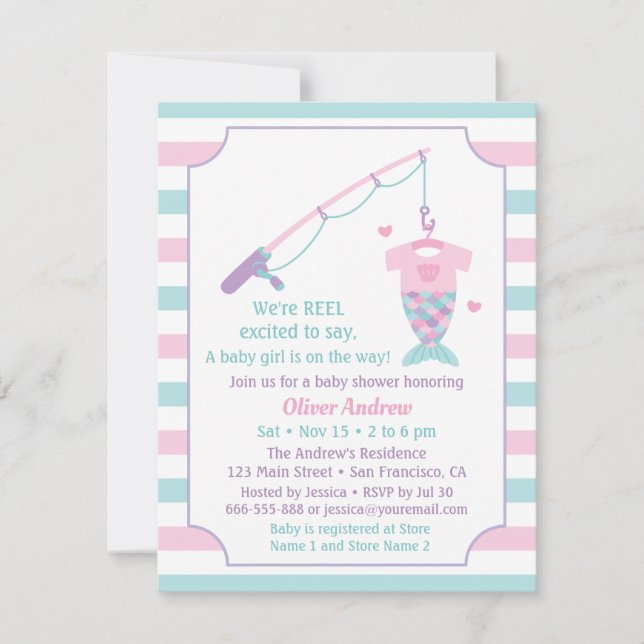 Mermaid Fishing Themed Baby Shower Invitations (Front)
