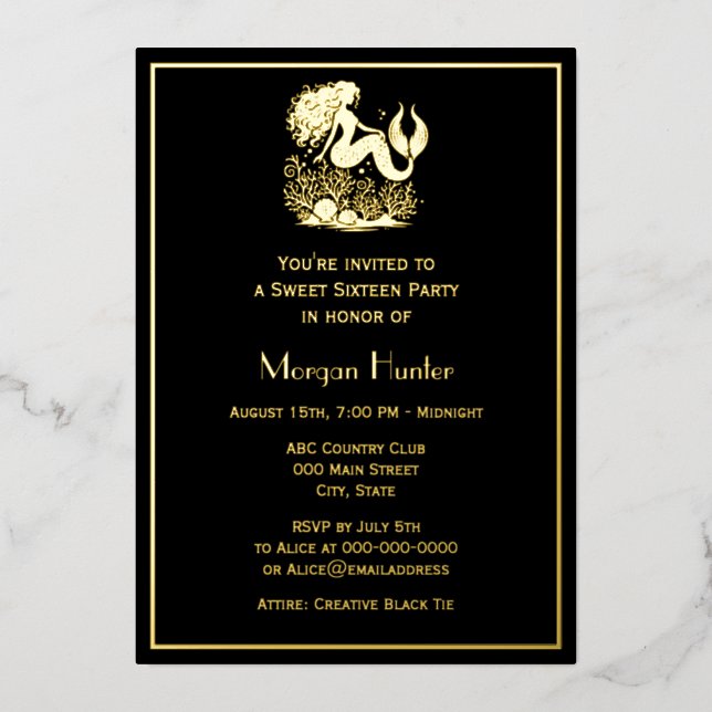 Mermaid Flowing Hair Sea Life Sweet Sixteen Foil Holiday Card (Front)