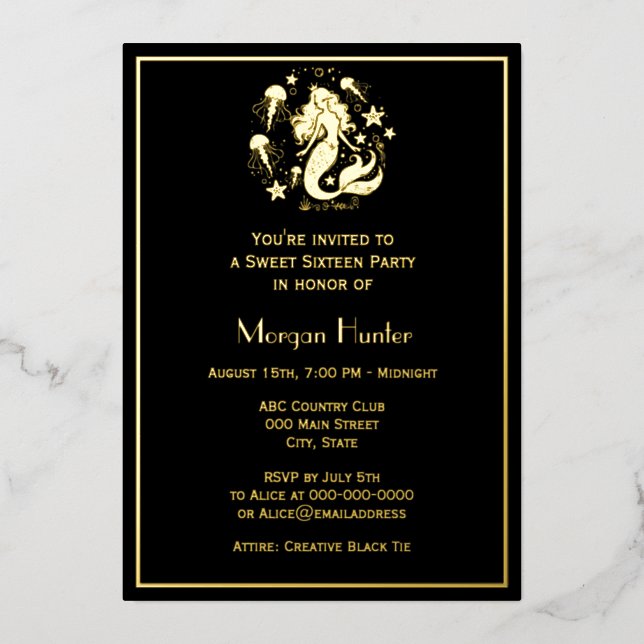 Mermaid Flowing Hair Sea Life Sweet Sixteen Foil Holiday Card (Front)