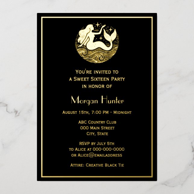 Mermaid Flowing Hair Waves Stars Sweet Sixteen Foil Holiday Card (Front)