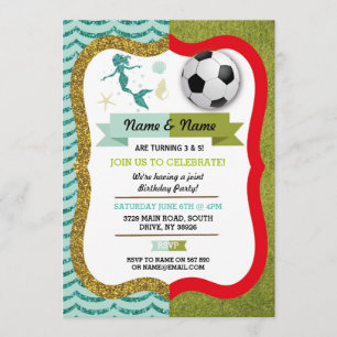 Mermaid & Football Boy Girl Birthday Soccer Invitation