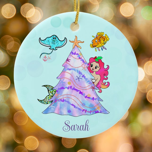 Mermaid & Friends Decorating Christmas Tree Name Ceramic Tree Decoration (Creator Uploaded)
